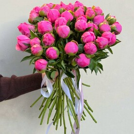 Букет из 35 ярких пионов фуксия в подарочной упаковке